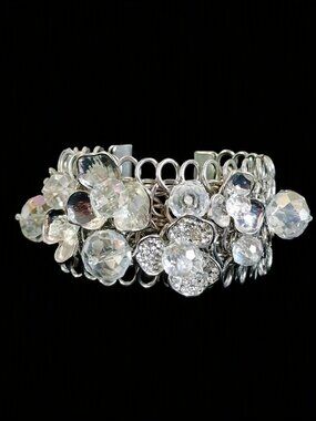 VTG Y2K Chunky Silver Tone Crystal Flower Statement Wide Cuff Bracelet 126g